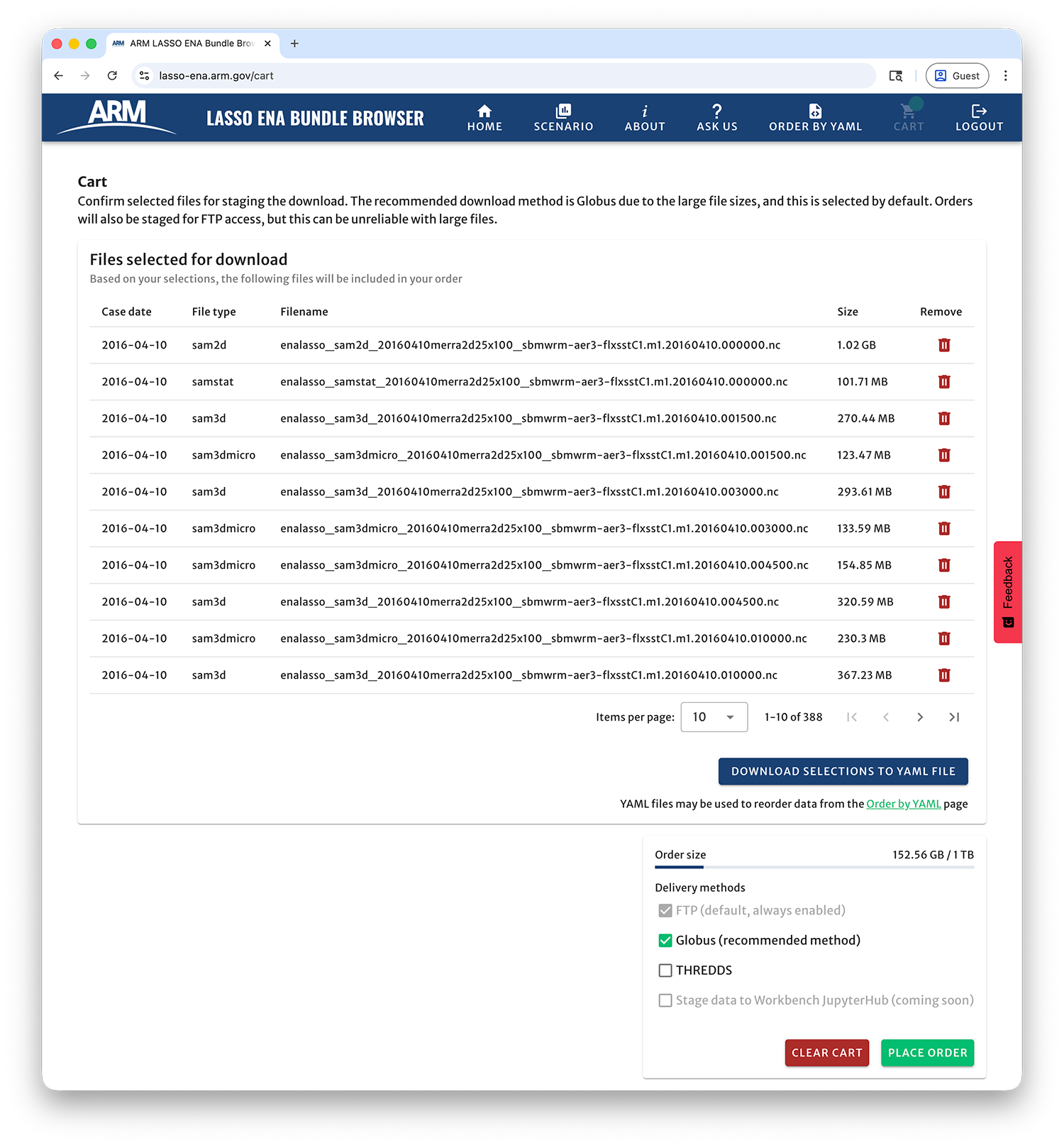 User cart with selected files to order.